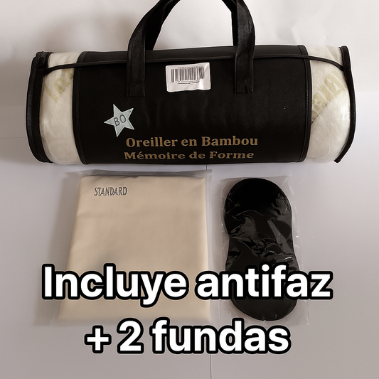 Pack Almohada de Bambú con Espuma Viscoelástica + 2 Fundas + Antifaz – Sueño Premium
